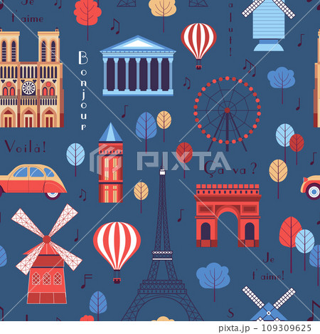 Paris Famous Landmarks Vintage Pattern 109309625