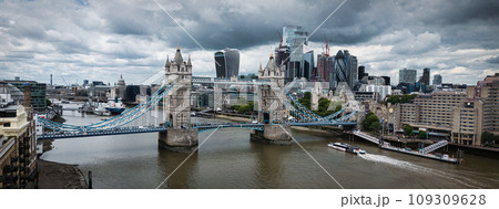 Aerial view over Tower Bridge and River Thames in London 109309628