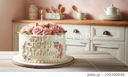 一歳のバースデーケーキ。ピンクのバラのデコレーション。AI生成画像 一歳のバースデーケーキ。ピンクのバラのデコレーション。AI生成画像 109309680