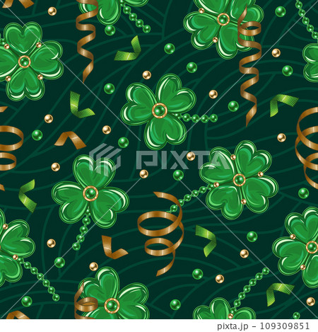 St Patricks day seamless pattern with trefoil, lucky shamrock, scattered beads, party streamers, spiral ribbons, textured wavy dark background. Vintage illustration for prints, textile, surface design St Patricks day seamless pattern with trefoil, lucky shamrock, scattered beads, party streamers, spiral ribbons, textured wavy dark background. Vintage illustration for prints, textile, surface design 109309851