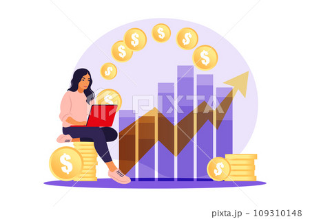 Investor woman with laptop monitoring growth of dividends. Trader investing capital, analyzing profit graphs. Vector flat illustration. Investor woman with laptop monitoring growth of dividends. Trader investing capital, analyzing profit graphs. Vector flat illustration. 109310148