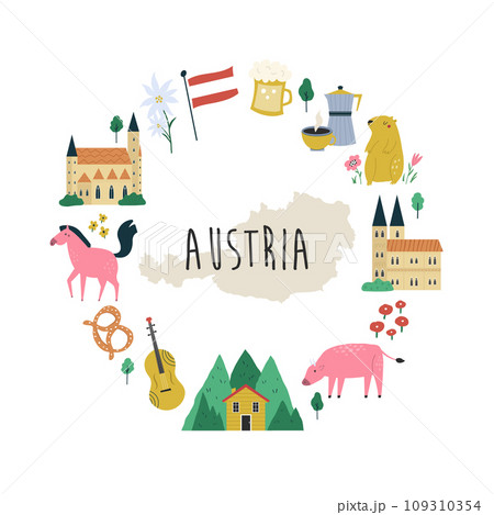 Colorful composition, design with famous symbols, landmarks of Austria Colorful composition, design with famous symbols, landmarks of Austria 109310354