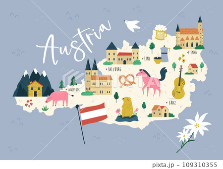 Colorful country map of Austria with famous landmarks, symbols. 109310355