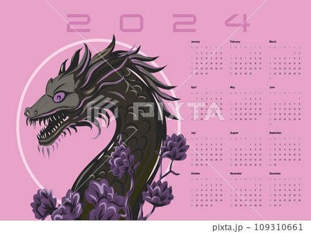 Calendar Dragon 2024. Vector poster calendar oriental Chinese New Year. Year of the Dragon paper cut. Bright colored zodiac dragon. Poster card Calendar Dragon 2024. Vector poster calendar oriental Chinese New Year. Year of the Dragon paper cut. Bright colored zodiac dragon. Poster card 109310661