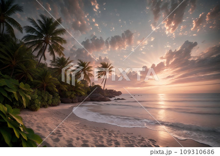 AIで生成した夕焼けの海岸線 109310686