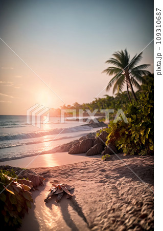AIで生成した夕日に染まる海 109310687