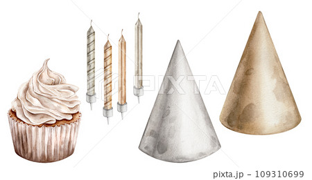 Watercolor set of Birthday party hats cap. Cupcake and Birthday Candles. Element of design holidays pastel colors. Watercolor hand drawing illustration on isolated white background for Valentines day 109310699