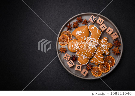 Beautiful Christmas composition with copy space with an inscription in wooden cubes 109311046