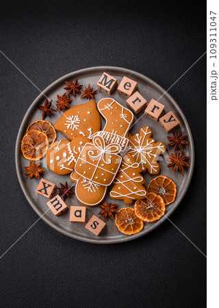 Beautiful Christmas composition with copy space with an inscription in wooden cubes 109311047