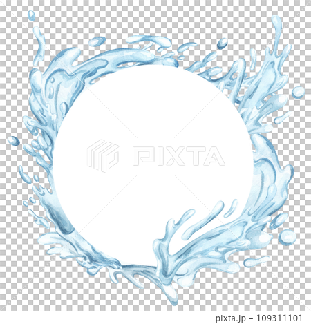 Blue water round frame from splashes with drops. Watercolor hand drawn illustration isolated on white background. For flyer, design, ocean day banner circle. 109311101
