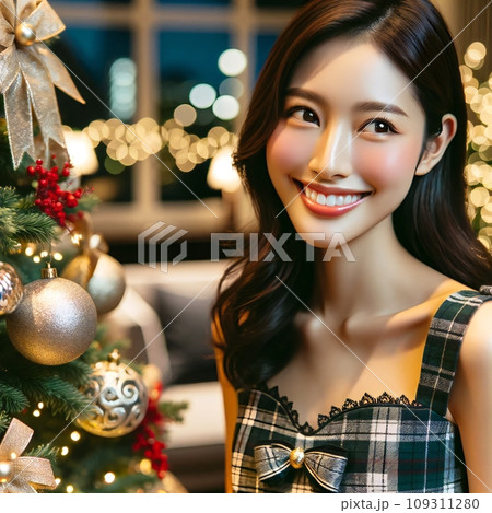 クリスマスツリーに飾り付けをしている素敵な若い女性を生成で描きました 109311280