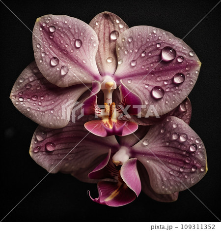 Beautiful violet purple orchid flower with large water dew drops, close-up isolated on black, beautiful floral background, nature wallpaper Beautiful violet purple orchid flower with large water dew drops, close-up isolated on black, beautiful floral background, nature wallpaper 109311352