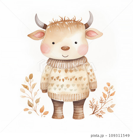 Enchanting watercolor illustration of a young cow in a heart-patterned sweater, exuding warmth and sweetness, with a background of delicate botanicals in a soft, earthy color scheme. Enchanting watercolor illustration of a young cow in a heart-patterned sweater, exuding warmth and sweetness, with a background of delicate botanicals in a soft, earthy color scheme. 109311549
