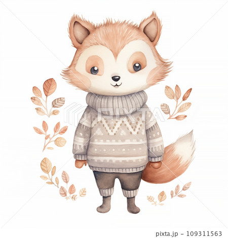 A delightful watercolor image of a young fox in a Nordic-inspired sweater, radiating a playful yet calm demeanor against a backdrop of delicate foliage in warm autumn colors. 109311563