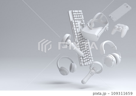 Top view gamer gears like joystick, keyboard, headphones and microphone 109311659