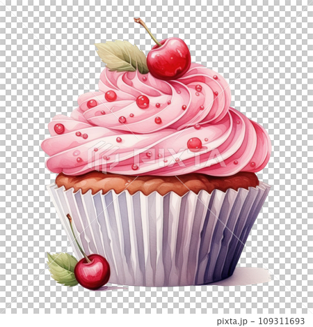 watercolor cupcake with cherry isolated - Stock Illustration [109311693 ...