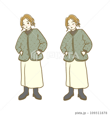 イラスト素材：秋服ファッションの女性1　全身　表情セット 109311878