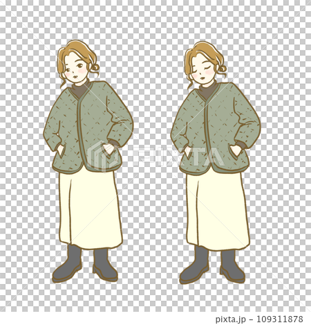 イラスト素材：秋服ファッションの女性1　全身　表情セット 109311878