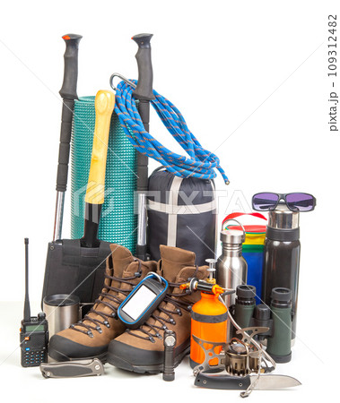 Items for tourism and hiking on a white background. set of equipment for tourism and travel 109312482