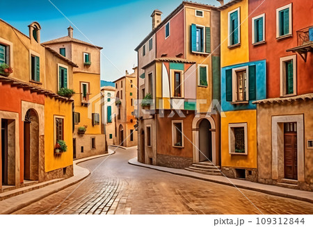 A street with colorful buildings. 109312844