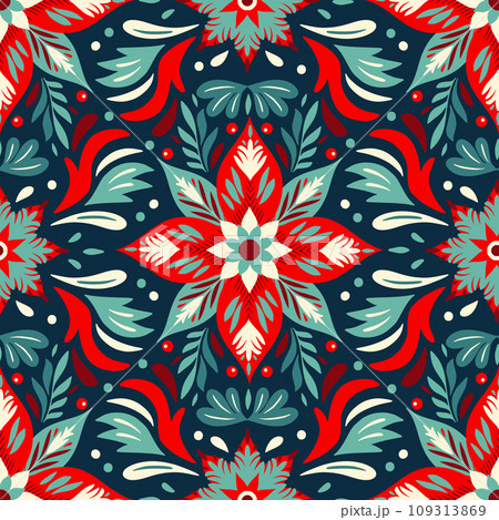 A vibrant symphony of vintage bold Christmas floral motifs seamless pattern, fabric canvas, red blue wrapping A vibrant symphony of vintage bold Christmas floral motifs seamless pattern, fabric canvas, red blue wrapping 109313869