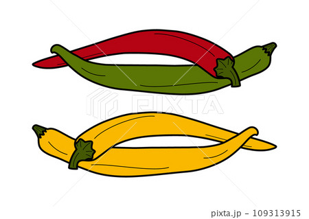 Set of two intertwined pairs chili peppers in trendy colors. Traditional Mexican seasoning and spice Set of two intertwined pairs chili peppers in trendy colors. Traditional Mexican seasoning and spice 109313915
