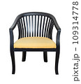 front view of wooden chair with yellow fabric seat isolated with clipping path 109314778