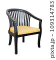wooden chair with yellow fabric seat isolated with clipping path 109314783