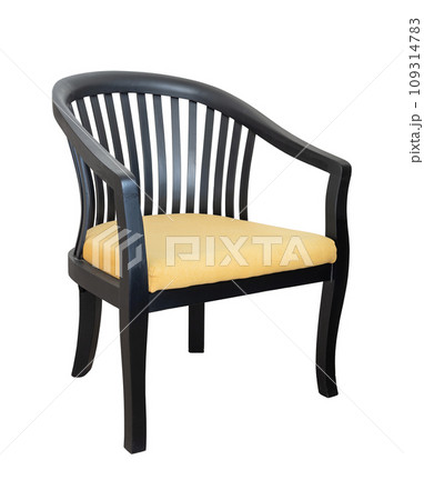 wooden chair with yellow fabric seat isolated with clipping path 109314783