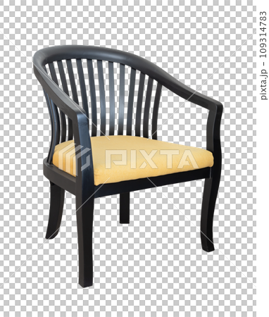 wooden chair with yellow fabric seat isolated with clipping path 109314783