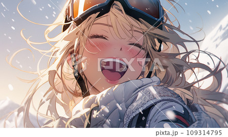 雪の中の笑顔：冬の陽光を浴びて 109314795