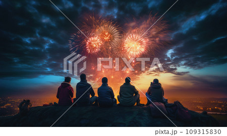 Firework explosion in the night sky celebrating happy new year 2024 109315830