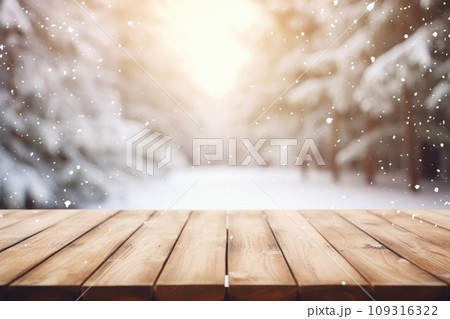 Table in beautiful winter landscape, wood plank in mountain outdoor comeliness Table in beautiful winter landscape, wood plank in mountain outdoor comeliness 109316322