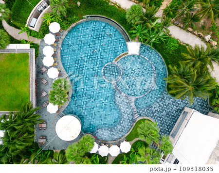 Drone view luxury resort. Swimming pool aerial shot. 109318035