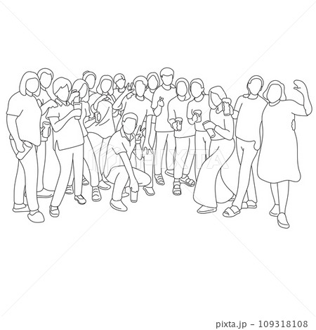 people taking a self portrait and holding glasses of beer in party illustration vector hand drawn isolated on white background 109318108