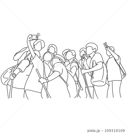 trekking people taking selfie picture together illustration vector hand drawn isolated on white background 109318109