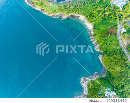 Aerial view seashore with mountains at Phuket Thailand, Beautiful seacoast view at open sea in summer season,Nature Environment and Travel background Aerial view seashore with mountains at Phuket Thailand, Beautiful seacoast view at open sea in summer season,Nature Environment and Travel background 109318446