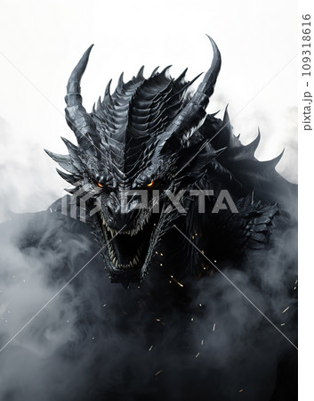 Image of a drargon and black smoke on white background. Mythical creatures. Animal. 109318616
