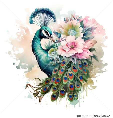 Image of a peacock head with colorful tropical flowers on white background. Birds. Wildlife Animals. 109318632