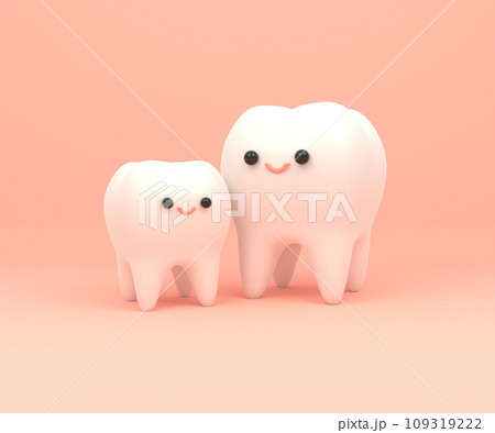 見上げる構図の歯の親子のキャラクターのコピースペースつき画像 109319222