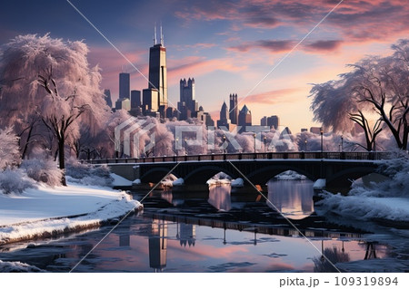Winter Chicago city skyline, urban winter wonderland, Snow-covered trees in city parks 109319894