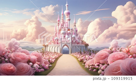 A fabulous pink castle with a path of lush flowers and cotton candy clouds 109319915