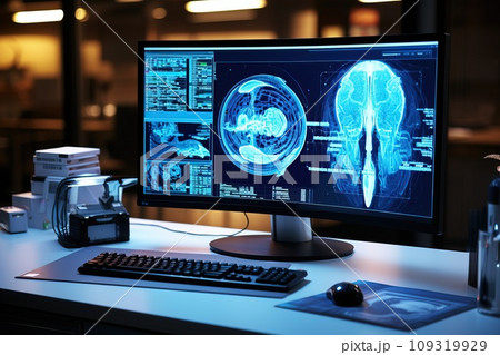 Computer screen displaying a 3D reconstruction of a CT scan, radiology workstation 109319929