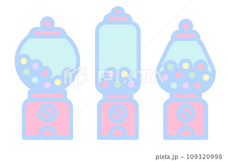 Gumball machine icon set. Retro vending dispenser for candies and bubblegums. Sweets slot vector illustration isolated on white background Gumball machine icon set. Retro vending dispenser for candies and bubblegums. Sweets slot vector illustration isolated on white background 109320998