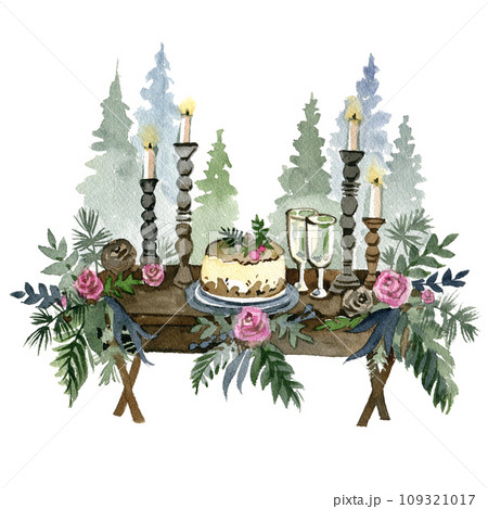 Watercolor sketch of Christmas table with winter decor. Winter wedding clipart. New year Hand drawn illustration 109321017