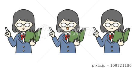 委員長風の女子学生がチョークと本を持って教えているイラスト 委員長風の女子学生がチョークと本を持って教えているイラスト 109321186