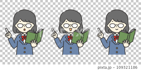 委員長風の女子学生がチョークと本を持って教えているイラスト 委員長風の女子学生がチョークと本を持って教えているイラスト 109321186