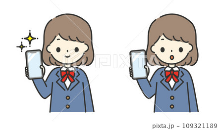 ピカピカのスマホを持つ女子学生の表情違いイラスト 109321189