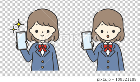 ピカピカのスマホを持つ女子学生の表情違いイラスト 109321189