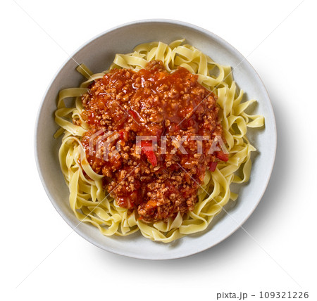 bowl of pasta tagliatelle with bolognese sauce 109321226